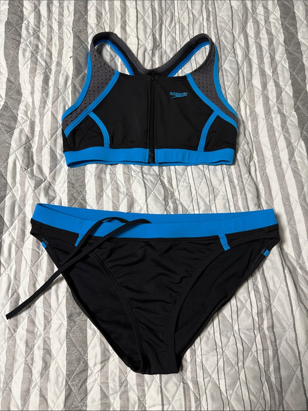 Speedo Black & Blue Front-Zip Athletic Bikini Set